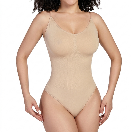 Seamless shaping bodysuit in beige, worn, front view, photographed on white