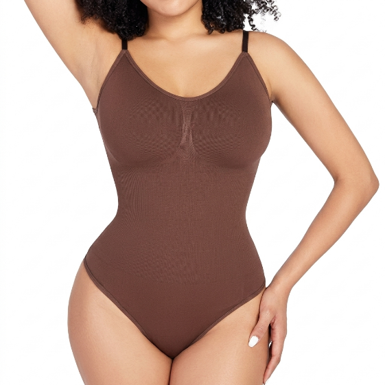 Seamless shaping bodysuit in brown, worn, front view, photographed on white