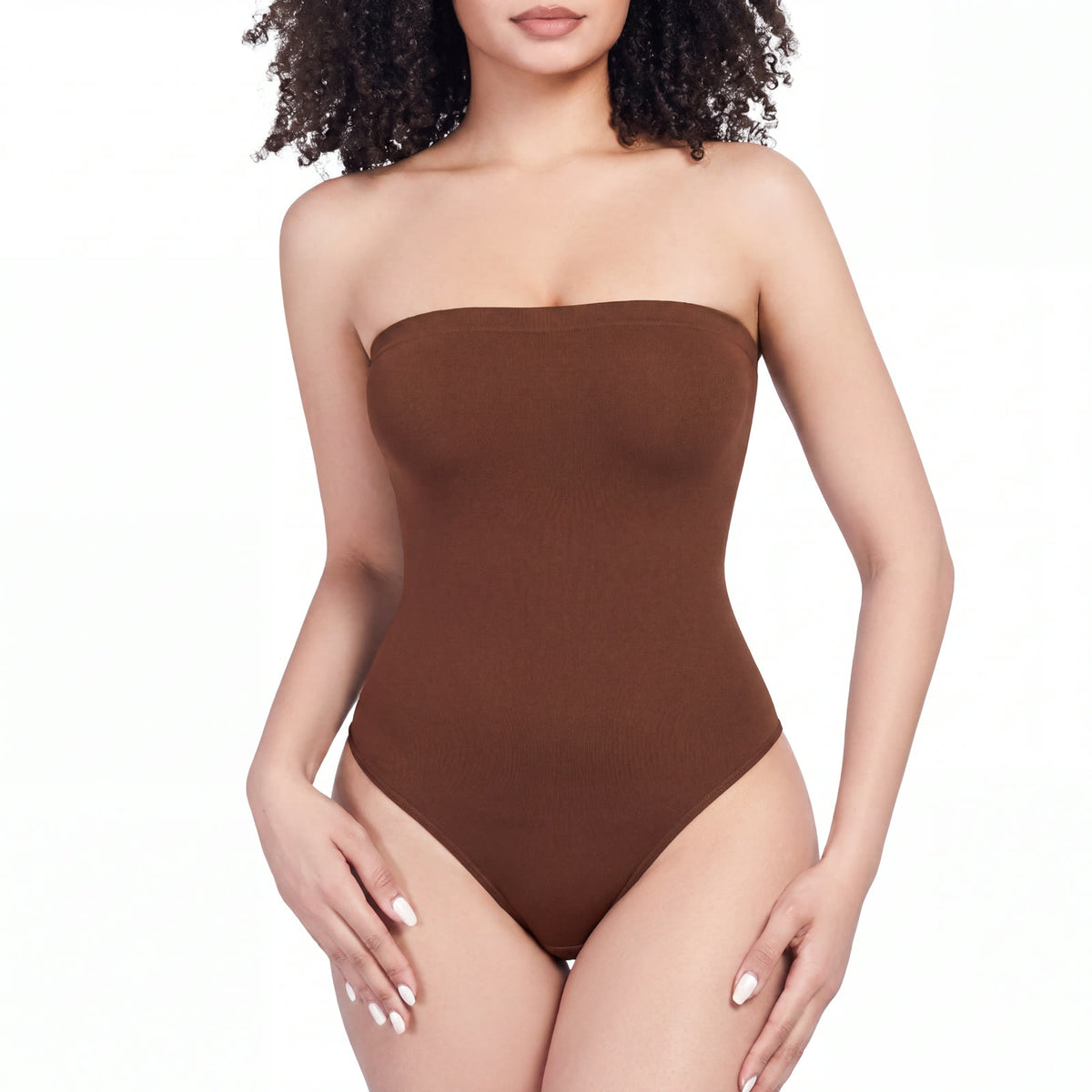 Strapless seamless shaping bodysuit in brown, worn, front view, photographed on white